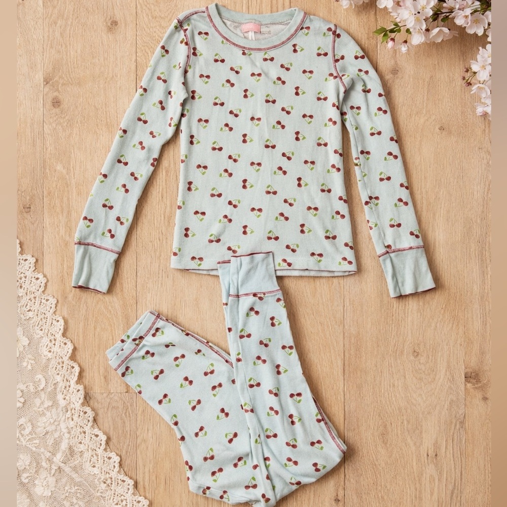 Steve Light Blue Cherry Heart Print Pajama Top And Pant Set